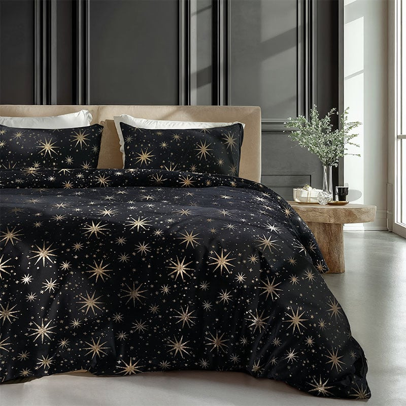 Flanellen Dekbedovertrek Glamour Stars - Tweepersoons (200x200 cm) - Zwart - Dessin: Sterren - Sleeptime - Dekbed-Discounter.nl