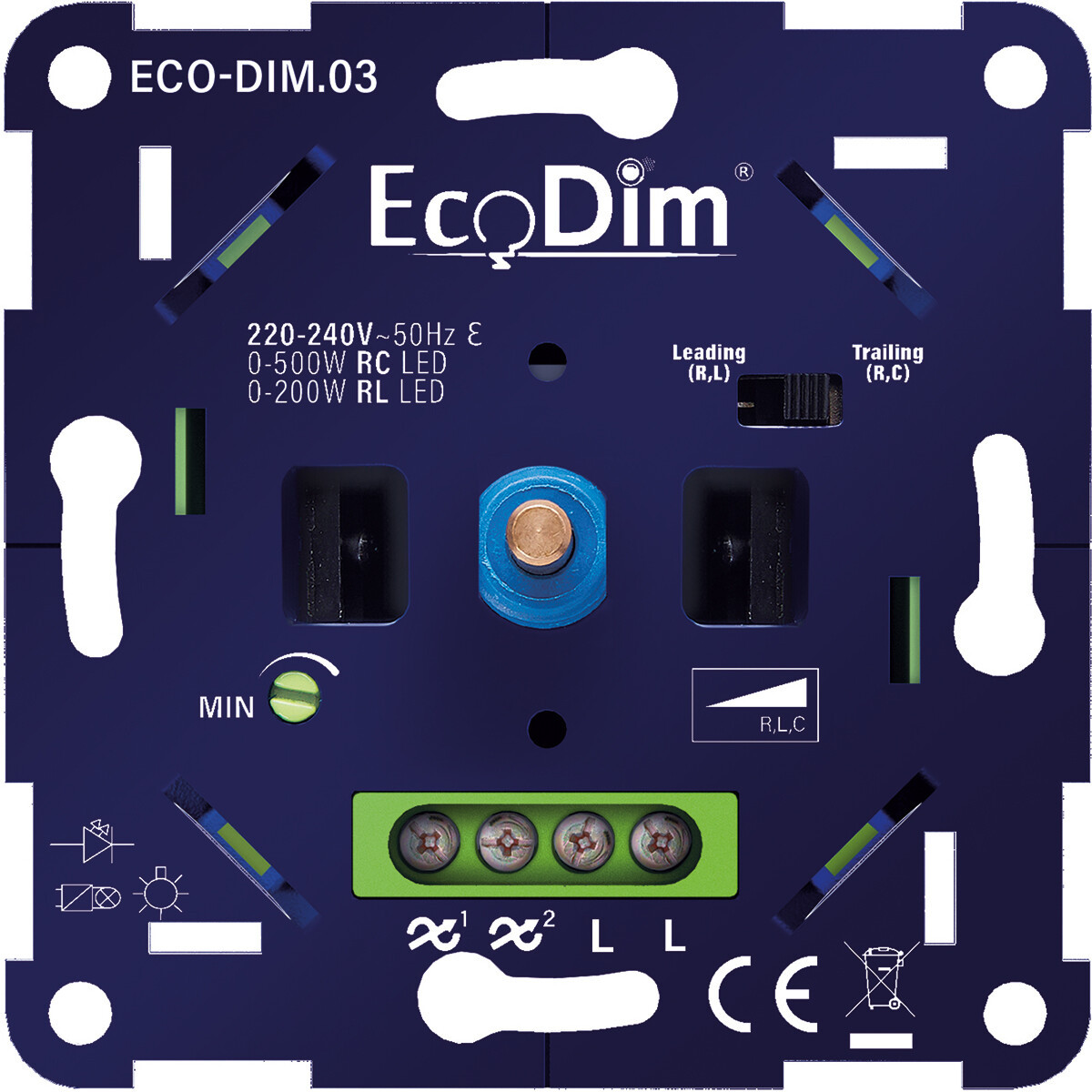 EcoDim - LED Dimmer - ECO-DIM.03 - Fase Aan- en Afsnijding RLC - Inbouw - Enkel Knop - 0-500W