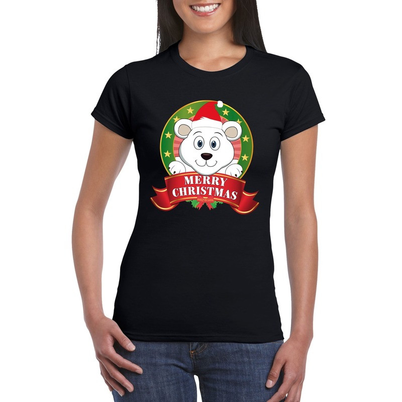 IJsbeer Kerst t-shirt zwart Merry Christmas voor dames