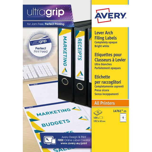 Avery Zweckform L4761-25 ordnerrugetiketten ft 19,2 x 6,1 cm (b x h), 100 etiketten, wit