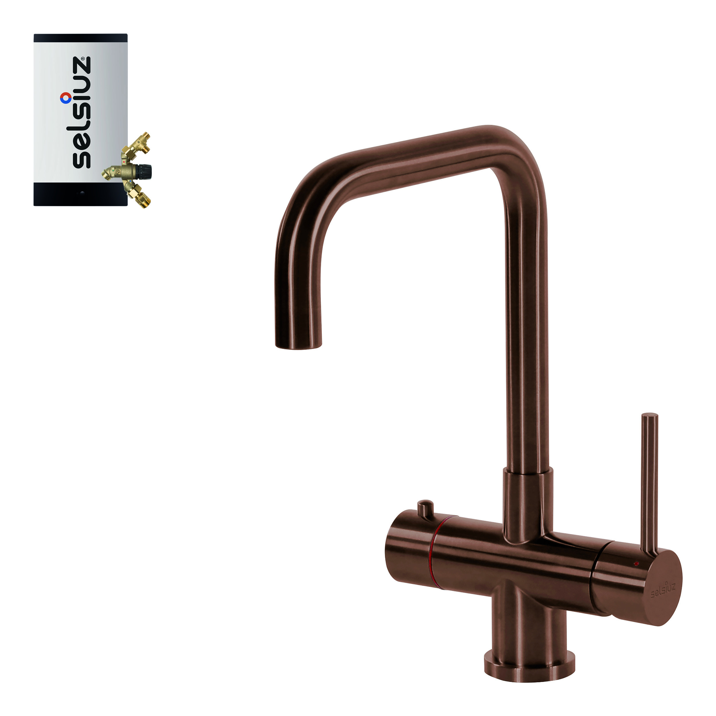 Selsiuz Inox kokend water kraan met combi extra boiler en U-uitloopkraan copper