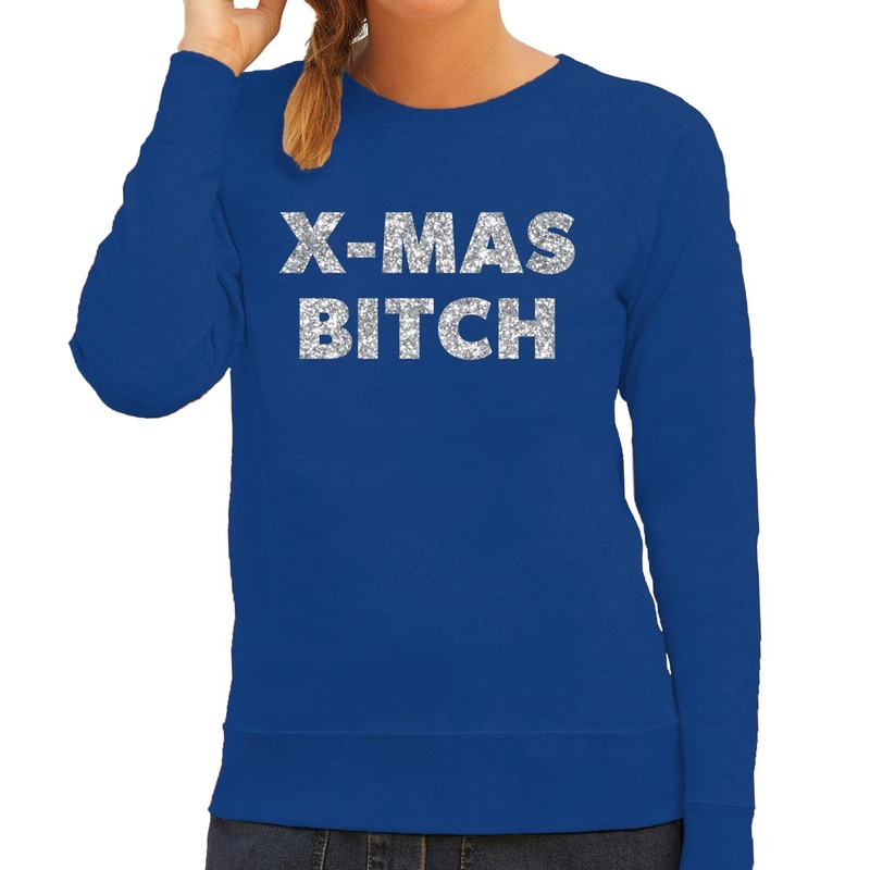 Kersttrui Christmas Bitch zilveren glitter letters blauw dames