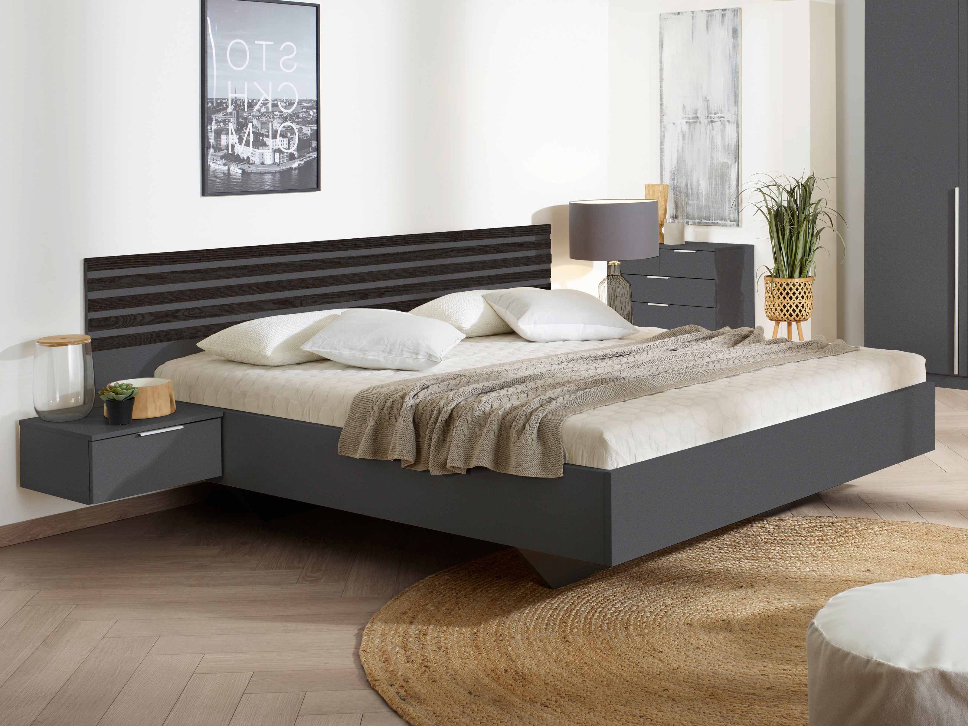 Tweepersoonsbed LATINO 160x200 cm metaalgrijs/zwarte eik