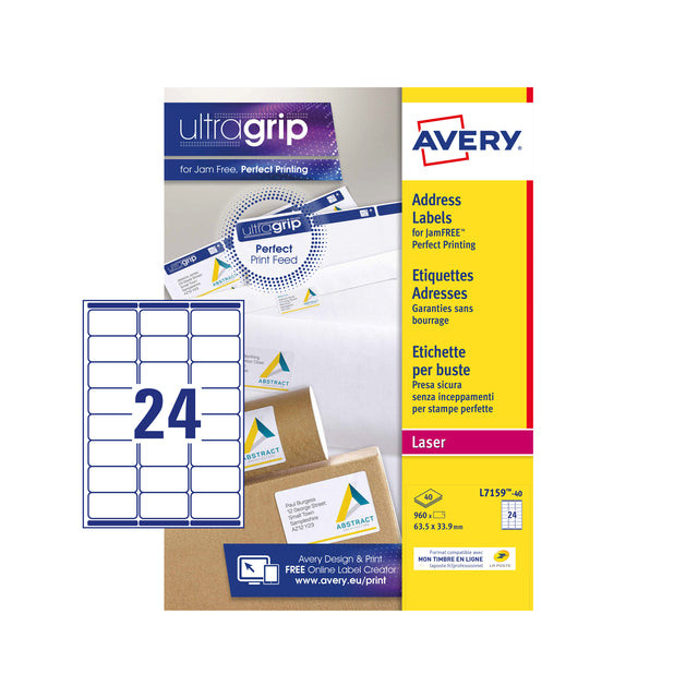 Avery L7159, Adresetiketten, Laser, Ultragrip, wit, 40 vellen, 24 per vel, 63,5 x 33,9 mm