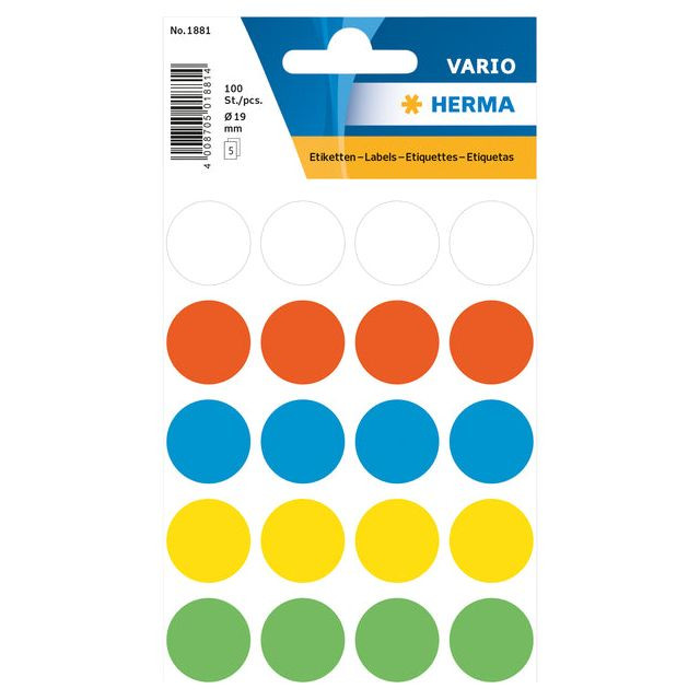 Etiket HERMA 1881 rond 19mm assorti 100stuks | Blister a 5 vel