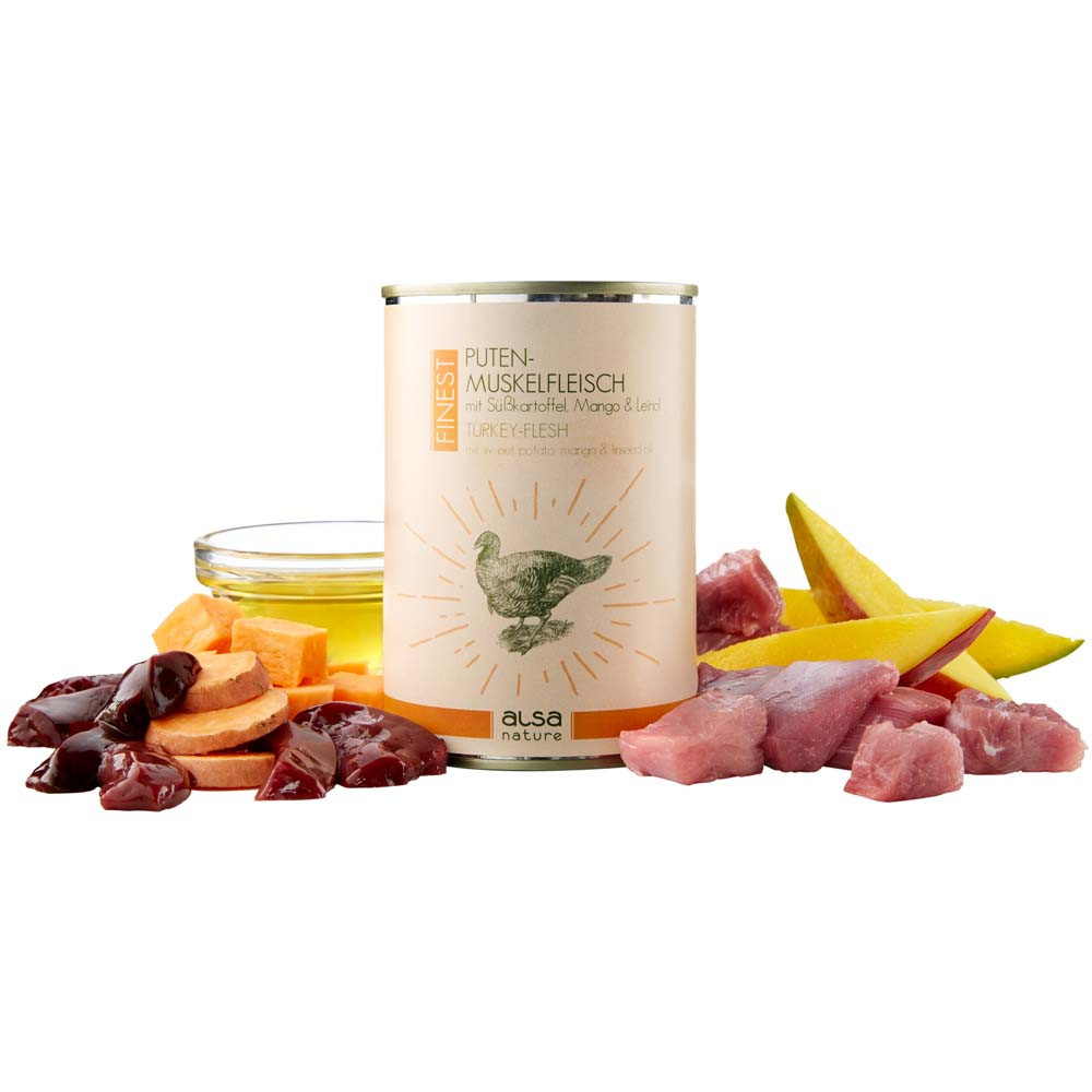 alsa-nature FINEST Kalkoen-spiervlees met zoete aardappel, mango & lijnolie, 400 g, Aantal: 12 x 400 g