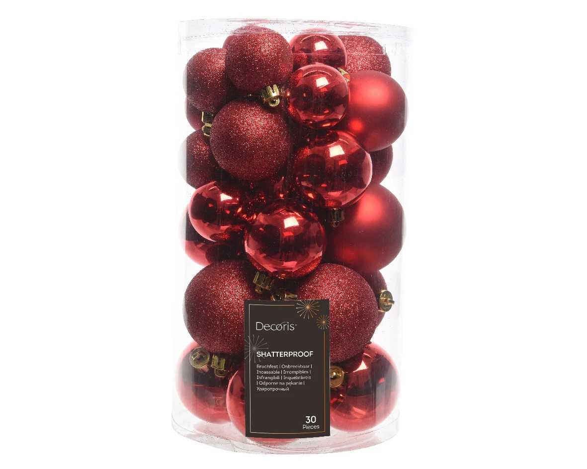 Decoris kerstballen set Plastic 30st Kerstrood 4-5-6cm