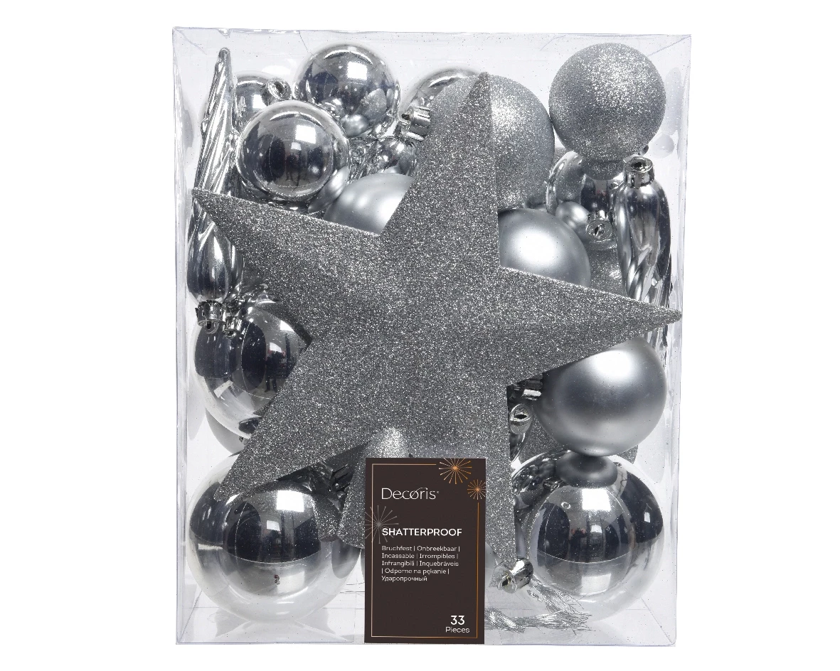 Decoris kerstballen Plastic mix+piek 33st zilver