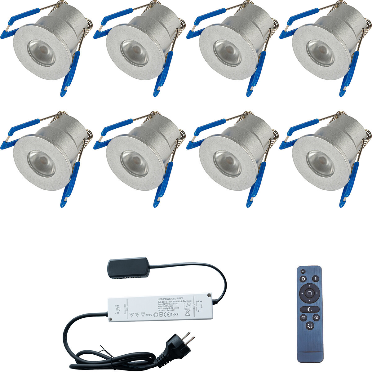 LED Veranda Spot Complete Set - Velvalux - 8 Stuks - 3W - Warm Wit 3000K - Dimbaar - Waterdicht IP65 - Inbouw - Rond - Mat Zilver - Aluminium - 12V