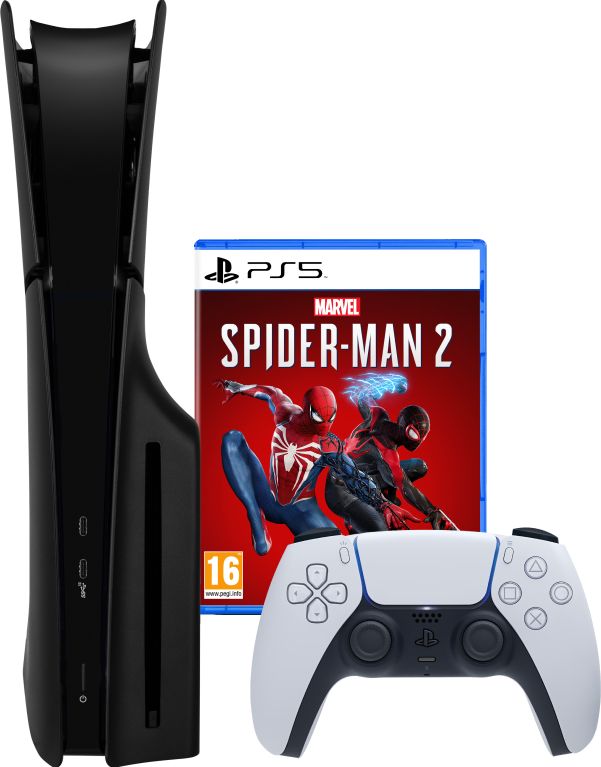 PlayStation 5 Slim Disc Edition + Spider-Man 2 + Covers Zwart