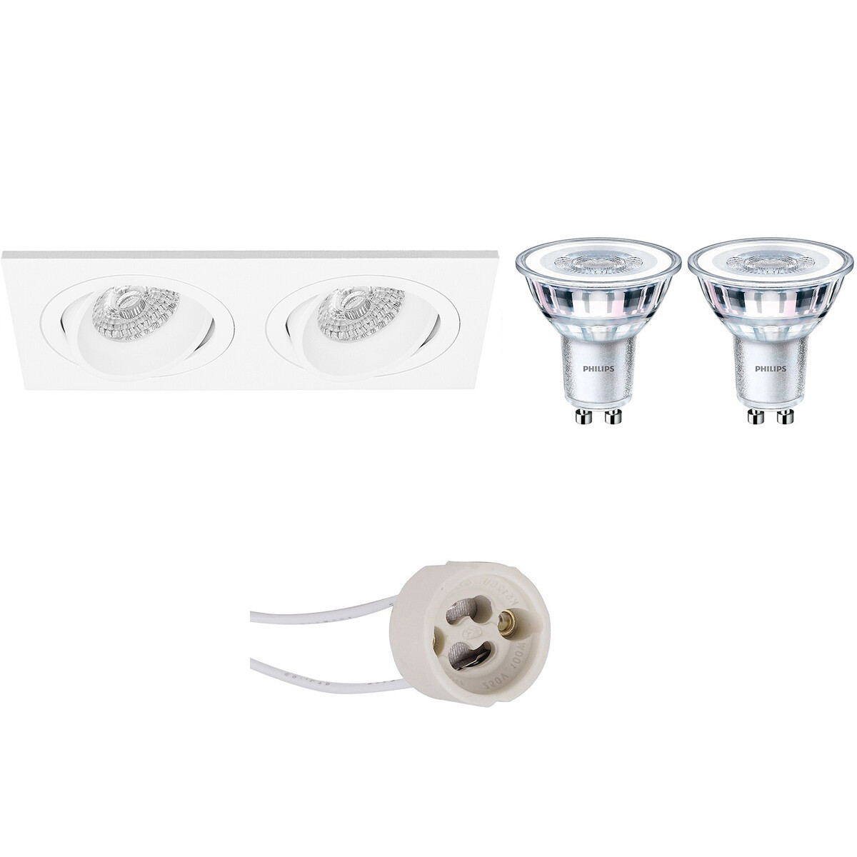 LED Spot Set - Pragmi Borny Pro - GU10 Fitting - Inbouw Rechthoek Dubbel - Mat Wit - Kantelbaar - 175x92mm - Philips - CorePro 827 36D - 3.5W - Warm Wit 2700K