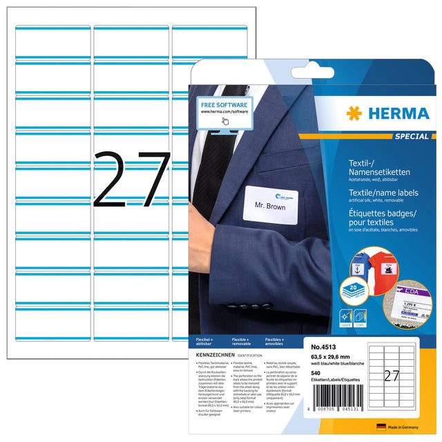 Naambadge etiket HERMA 4513 63.5x29.6mm wit/blauw