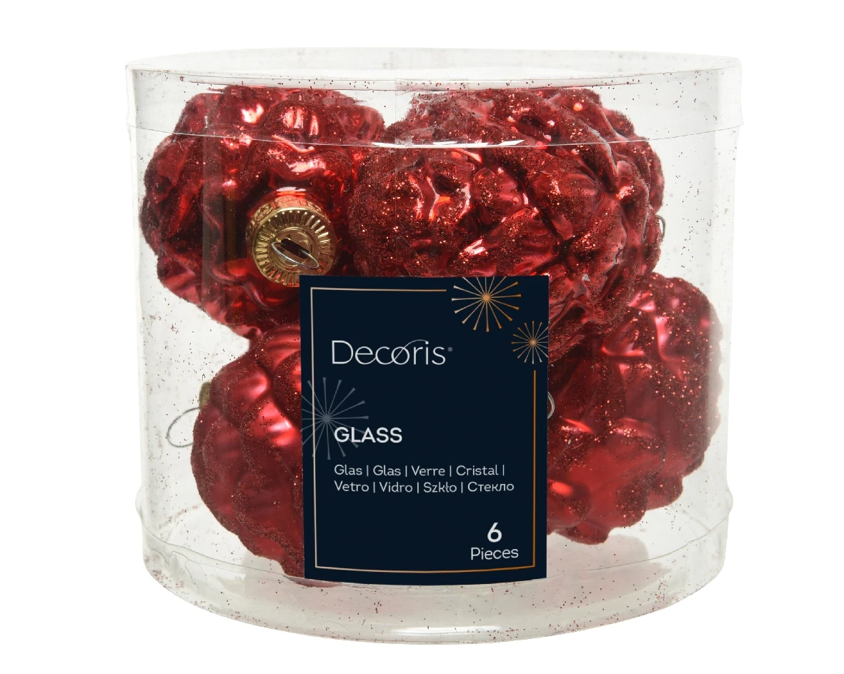 Decoris Kerstballen glas dennenappel 6st kerstrood 5x7cm