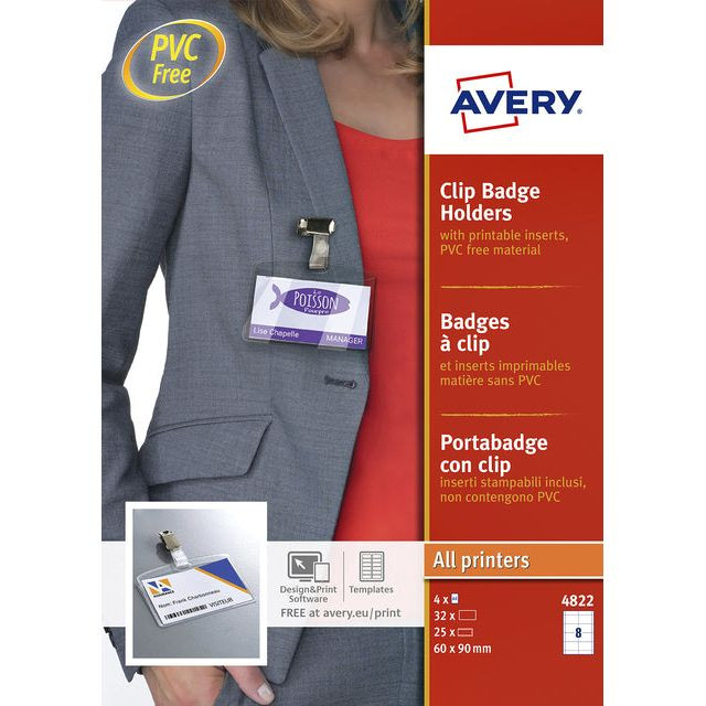 Badge Avery met clip 4822 60x90mm 25 stuks + 32 insteekkaarten