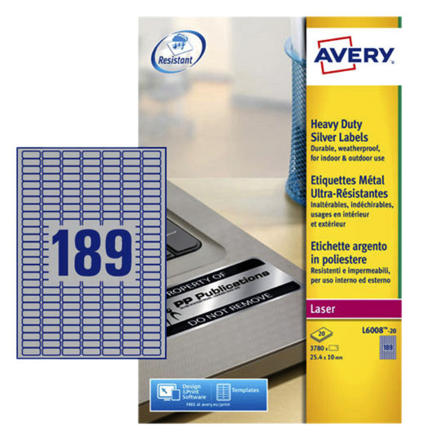 Etiket Avery L6008-20 25.4x10mm zilver 3780stuks | Blister a 20 vel