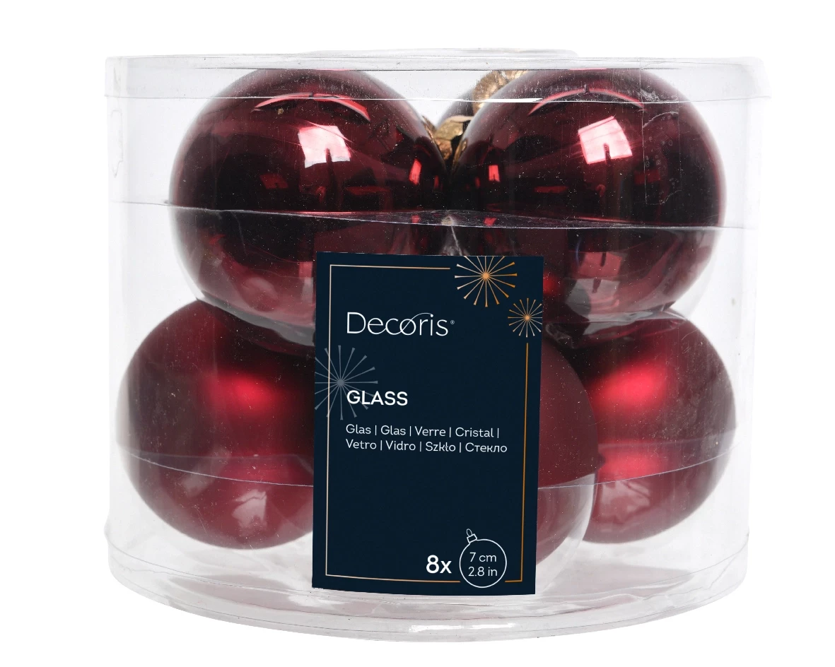 Decoris kerstballen Glas 8st Ossenbloed 7cm