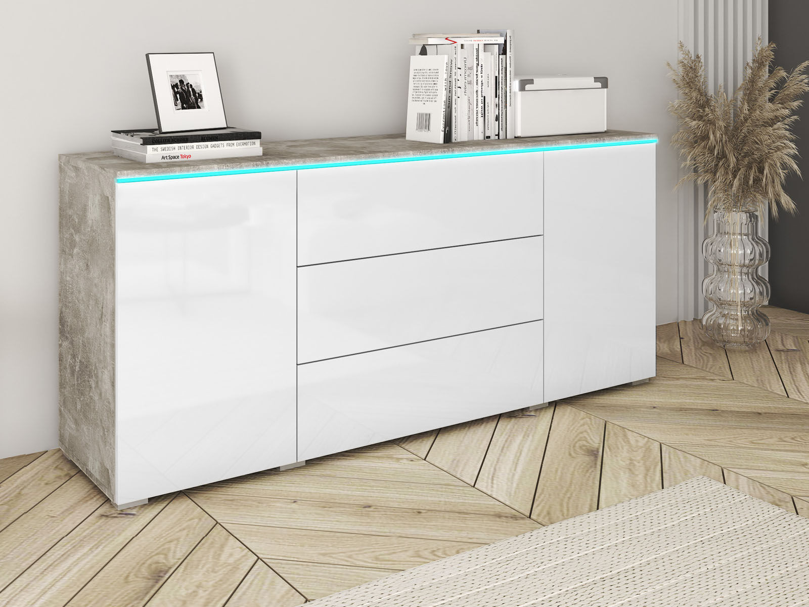 Dressoir VITTORIO 2 deuren 3 lades beton/hoogglans wit zonder led