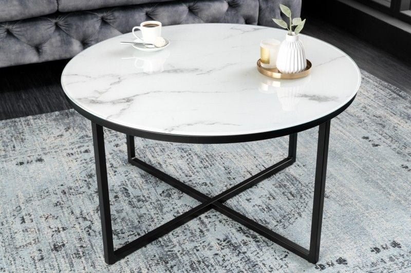 Elegante salontafel BOUTIQUE 80cm wit rond kristalglas met marmeren decor zwart frame - 42159