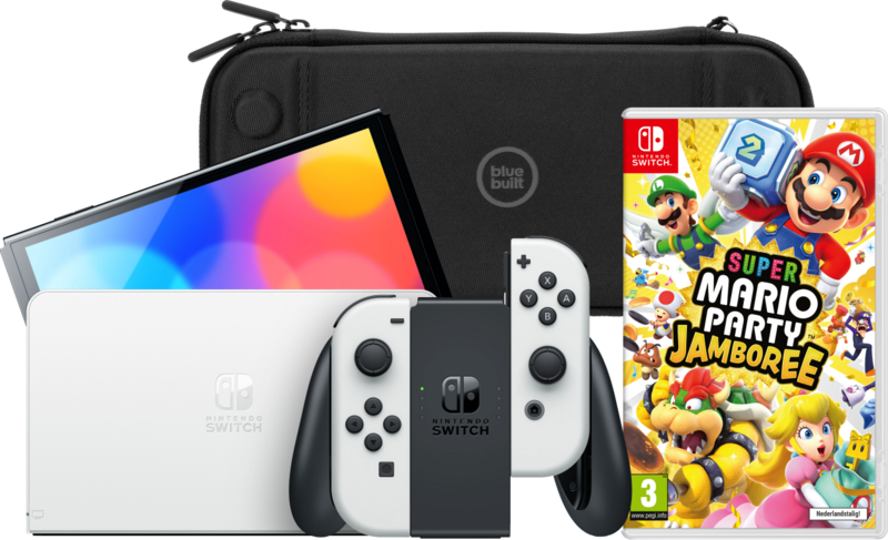 Nintendo Switch OLED Wit + Mario Party Jamboree + BlueBuilt Beschermhoes