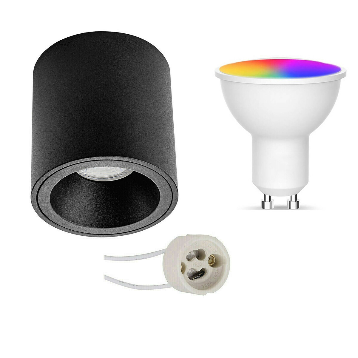 Opbouwspot Set GU10 - Facto - Smart LED - Wifi LED - Slimme LED - 5W - RGB+CCT - Aanpasbare Kleur - Dimbaar - Pragmi Cliron Pro - Opbouw Rond - Mat Zwart - Verdiept - Ø90mm