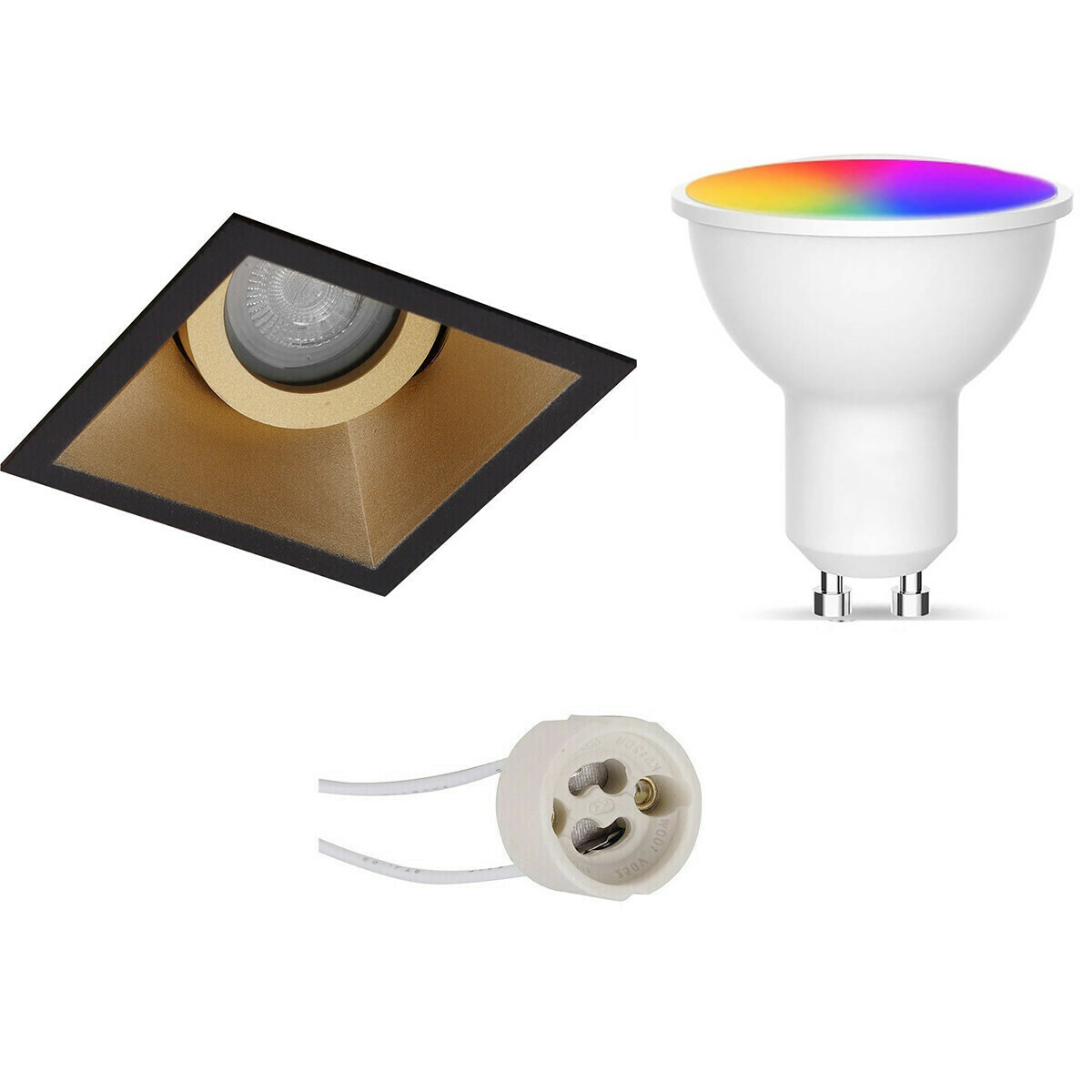 LED Spot Set GU10 - Facto - Smart LED - Wifi LED - Slimme LED - 5W - RGB+CCT - Aanpasbare Kleur - Dimbaar - Pragmi Zano Pro - Inbouw Vierkant - Mat Zwart/Goud - Kantelbaar - 93mm