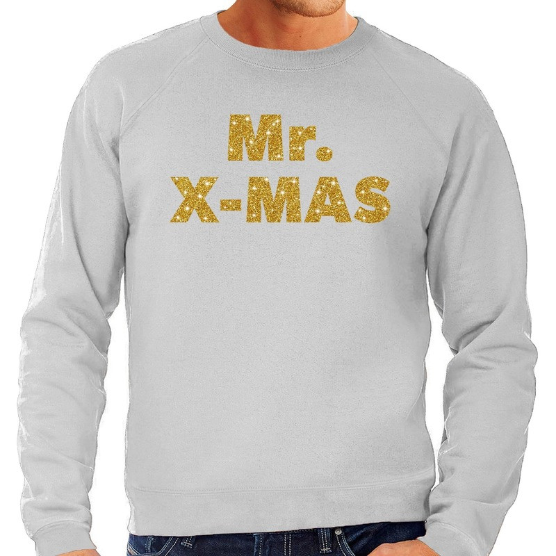 Foute Kersttrui Mr. x-mas gouden glitter letters grijs heren