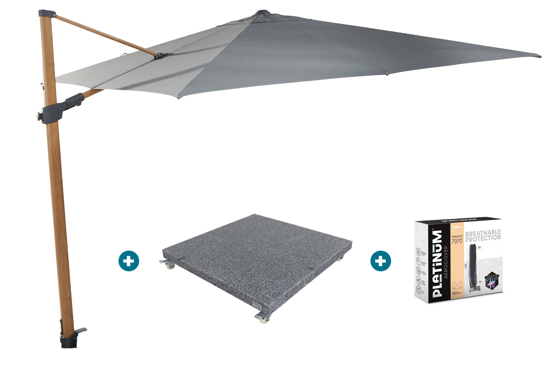 4-Seasons zweefparasol Siesta Premium 300 x 300 - woodlook/charcoal met voet en hoes