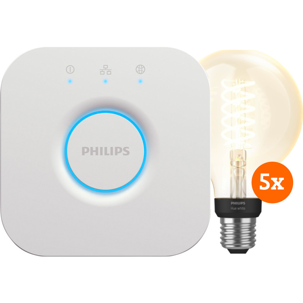 Philips Hue Filament White Globe E27 5-Pack + Bridge