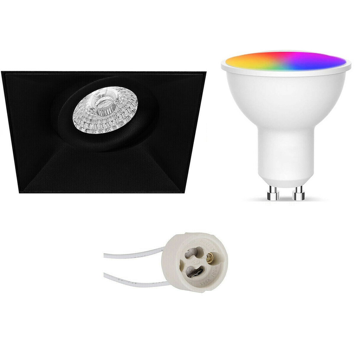 LED Spot Set GU10 - Facto - Smart LED - Wifi LED - Slimme LED - 5W - RGB+CCT - Aanpasbare Kleur - Dimbaar - Pragmi Nivas Pro - Inbouw Vierkant - Mat Zwart - Trimless - Kantelbaar - 150mm