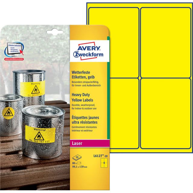 Etiket avery l6127-20 99.1x139mm geel 80stuks