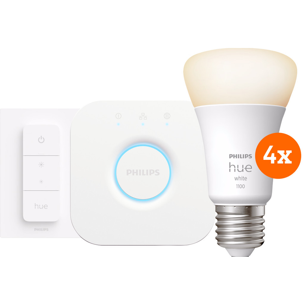 Philips Hue White Starter Pack E27 met 4 lampen, dimmer + bridge