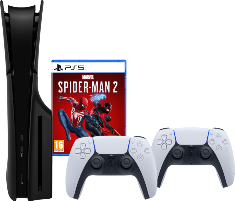 PlayStation 5 Slim Disc Edition + Spider-Man 2 + Covers Zwart + Extra Controller Wit