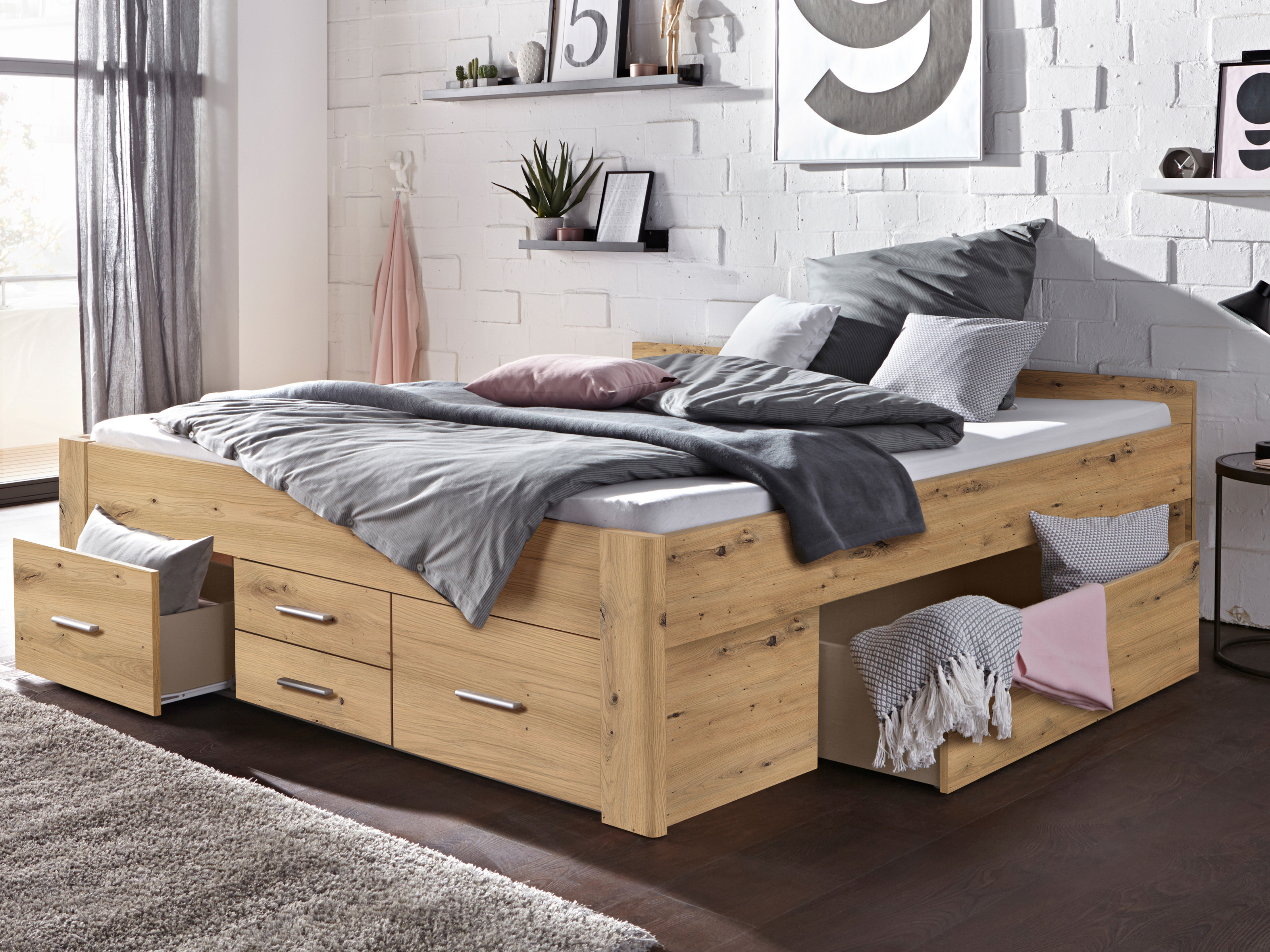 Bed SCARLETT 160x200 cm artisan eik met zes lades zonder hoofdeinde