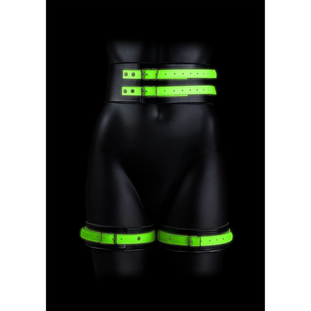 Ouch! by Shots Thigh Cuffs with Belt and Handcuffs - Glow in the Dark - L/XL