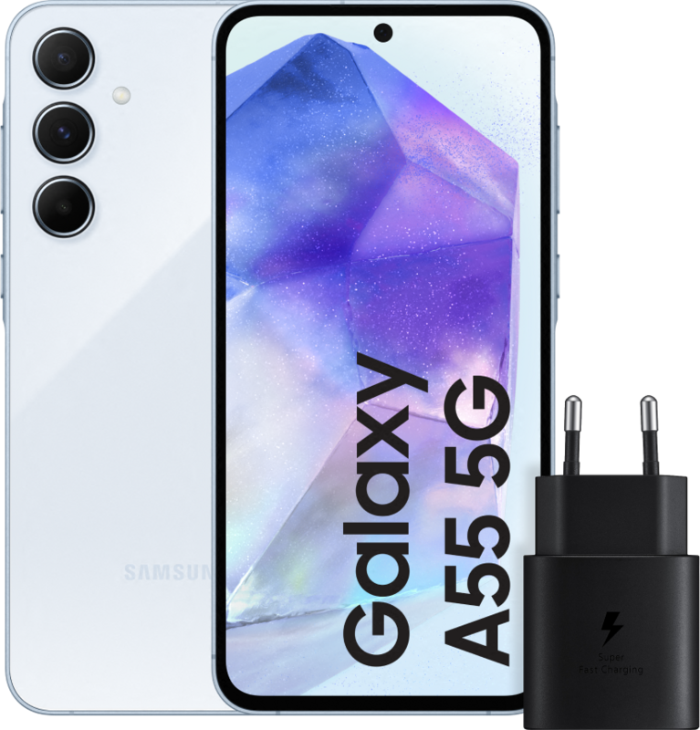 Samsung Galaxy A55 128GB Lichtblauw 5G + Samsung 25 Watt Snellader Zwart