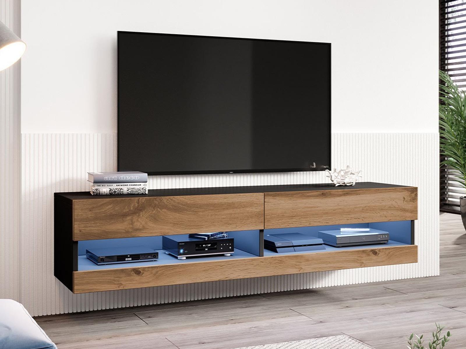 Tv-meubel ZIGGY II 2 deuren 180 cm zwart/wotan eik met led