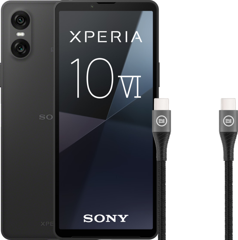 Sony Xperia 10 VI 128GB Zwart 5G + BlueBuilt Usb C Kabel 1,5m Nylon Zwart