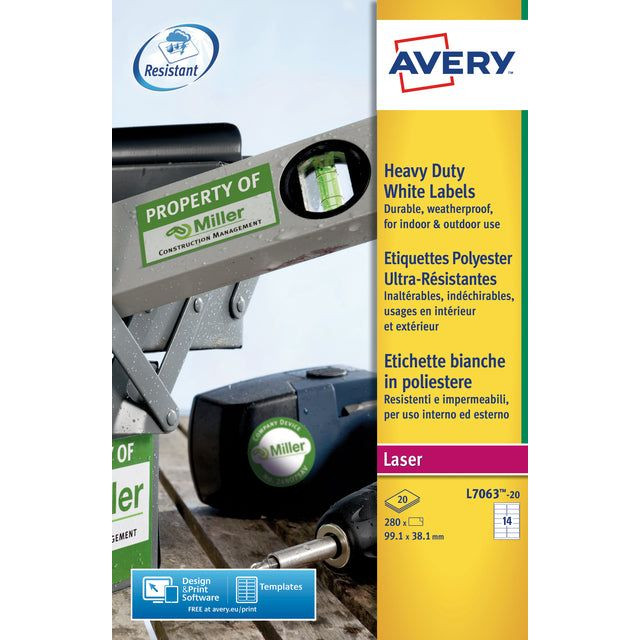 Avery ultra-sterke witte etiketten ft 99,1 x 38,1 mm (b x h), 280 stuks, 14 per blad