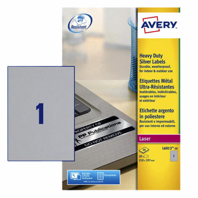 Etiket Avery L6013-20 210x297mm zilver 20stuks