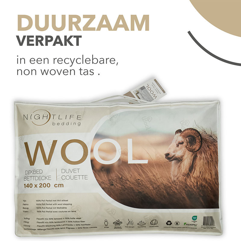 Enkel , All season Dekbed Natural Wol - 140x200 cm (Eenpersoons) - Nightlife - 450 Gram - Dekbed-Discounter.nl