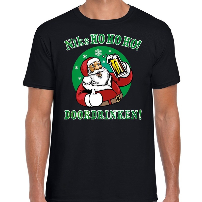 Fout Kerst shirt bier drinkende santa ho ho ho zwart voor heren