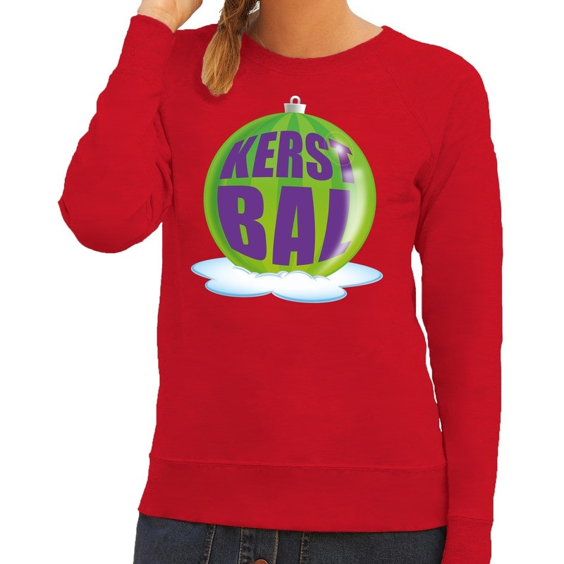 Foute kersttrui kerstbal groen op rode sweater voor dames