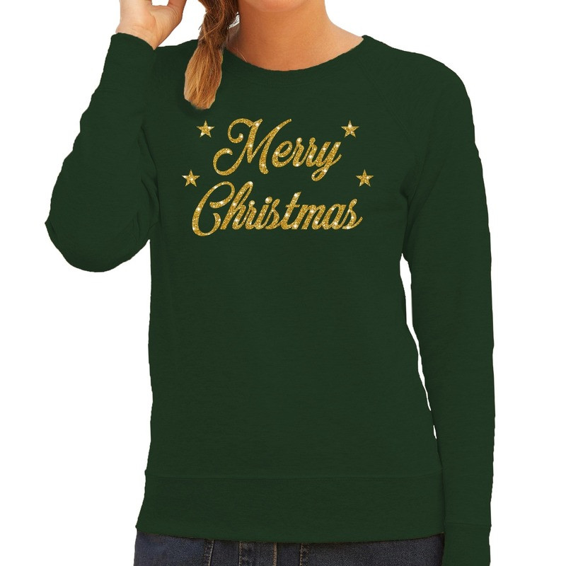 Kersttrui Merry Christmas gouden glitter letters groen dames