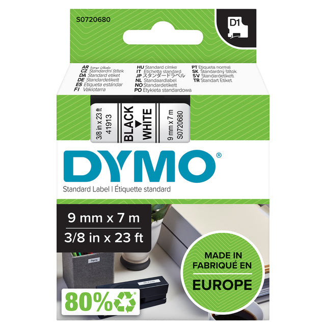 Labeltape Dymo 40913 D1 720680 9mmx7m wit op zwart | 5 stuks