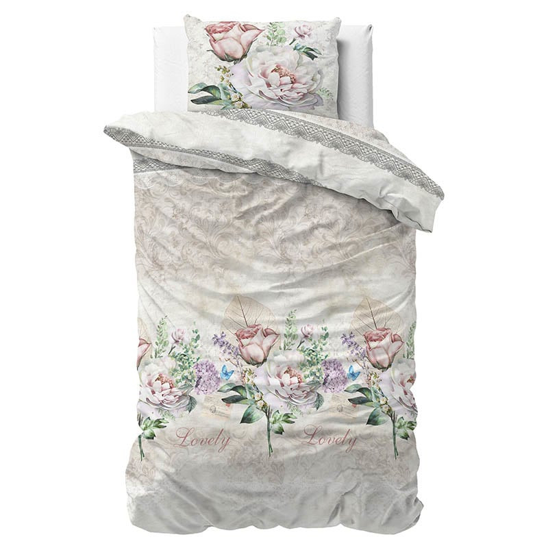 Dekbedovertrek Lovely Flower Dekbedovertrek - Eenpersoons (140x220 cm) - Beige Polyester-katoen - Dessin: Bloemen - Sleeptime - Dekbed-Discounter.nl