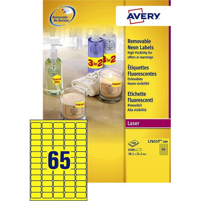 Avery afneembare neon etiketten ft 38,1 x 21,2 mm (b x h), doos van 100 blad, 6500 stuks, neongeel