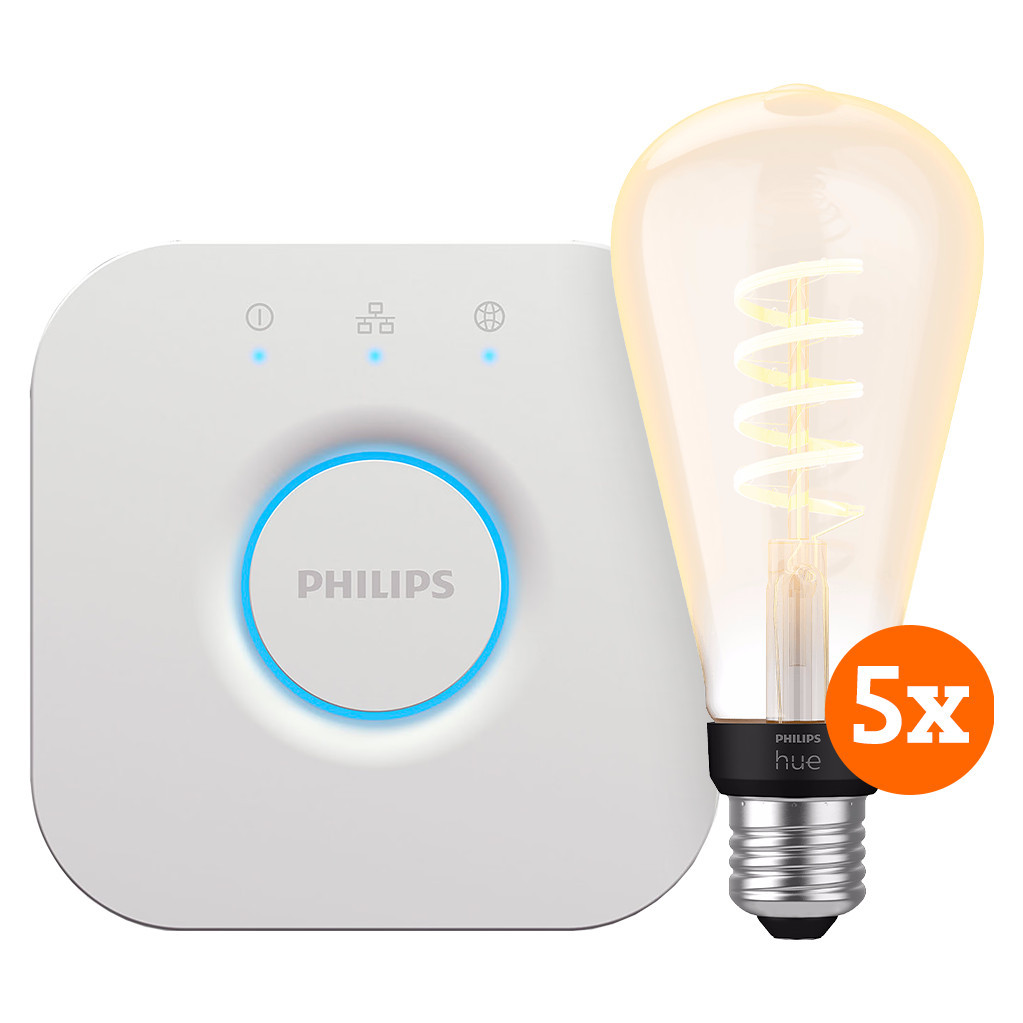 Philips Hue Filament White Ambiance Edison XL 5-Pack + Bridge