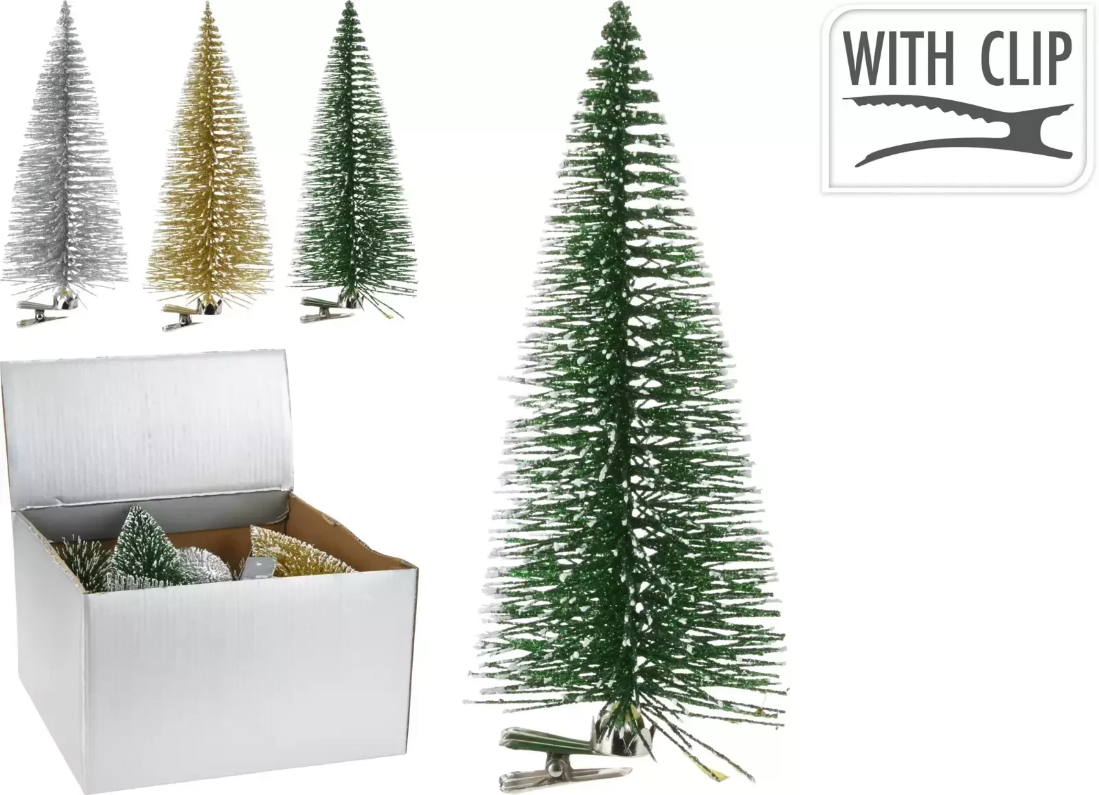 Element Kerstboom op knijper 10cm 3 assorti - Groen, Goud, Zilver - 1 stuk