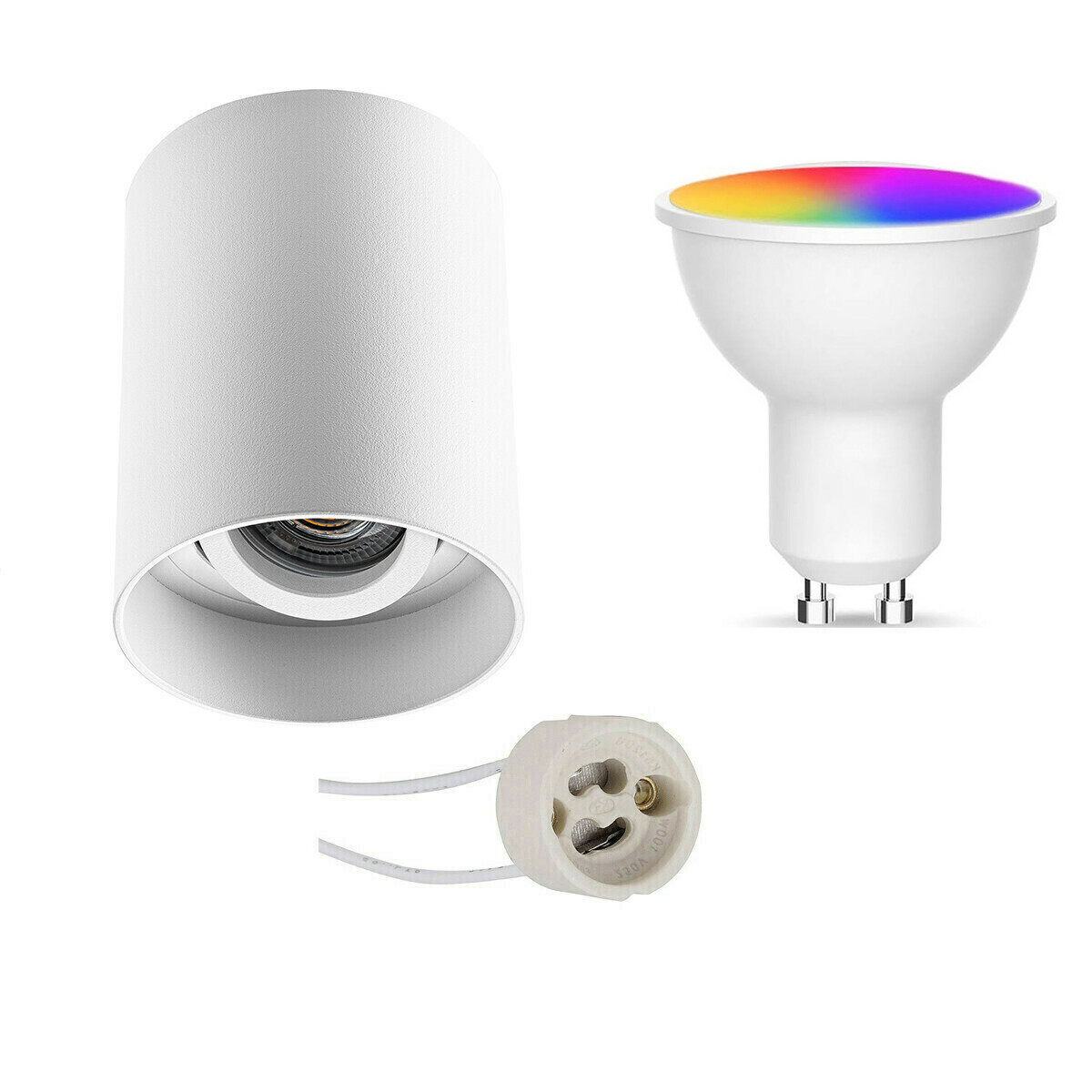 Opbouwspot Set GU10 - Facto - Smart LED - Wifi LED - Slimme LED - 5W - RGB+CCT - Aanpasbare Kleur - Dimbaar - Pragmi Luxina Pro - Opbouw Rond - Mat Wit - Verdiept - Kantelbaar - Ø90mm