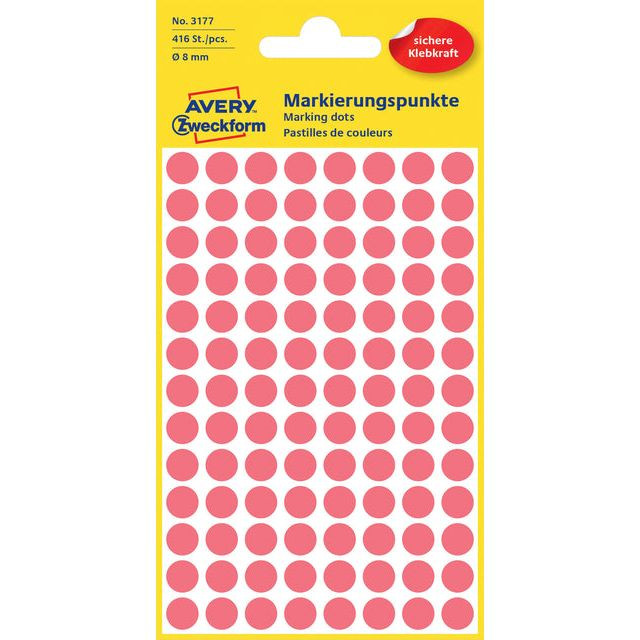 Etiket Avery Zweckform 3177 rond 8mm lichtrood 416stuks | Pak a 4 vel